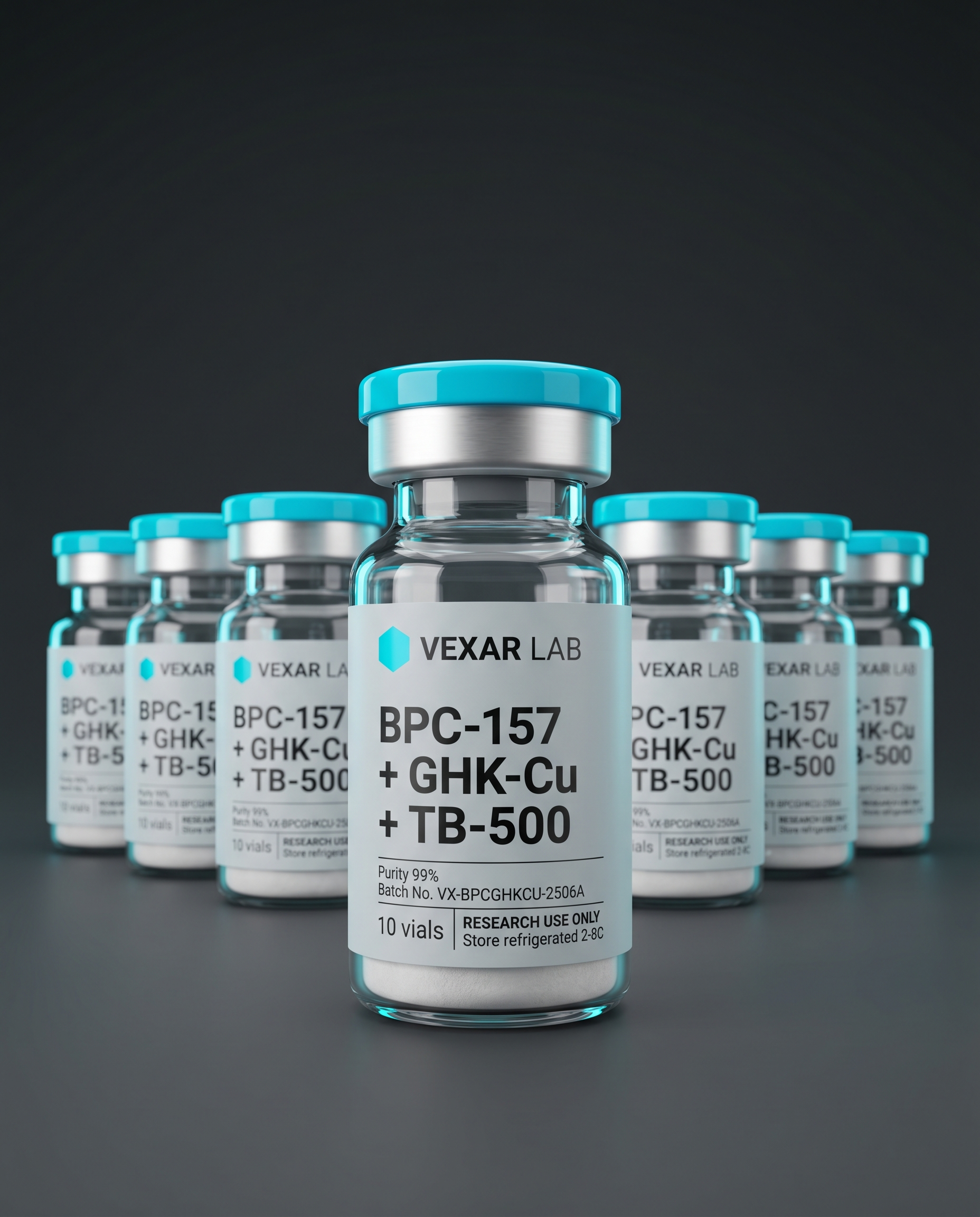 Vexar Lab BPC-157 + GHK-Cu + TB-500 research peptide, pack of 10 vials, for research use only
